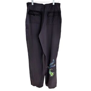 Lynn Ritchie 100% Silk Brown Pants with Embroidered Peacock on Back of the Leg